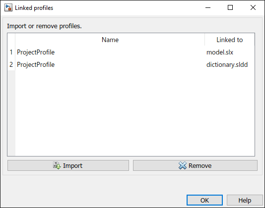 Linked profiles dialog with profile linked to a model and a dictionary with options to import and remove.