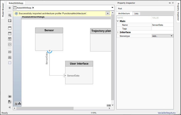 Using the property inspector on a port.