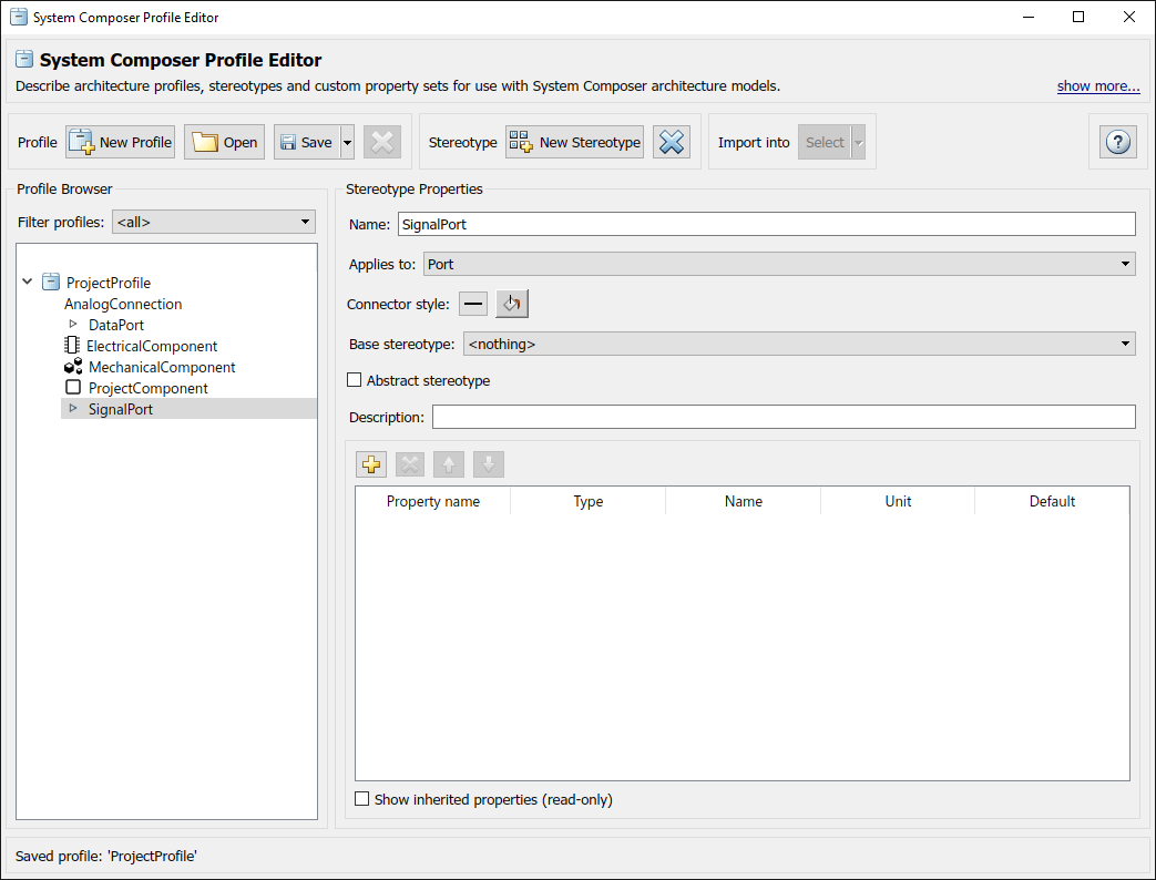 Profile editor with profile named 'Project Profile' on the left and stereotypes listed underneath.