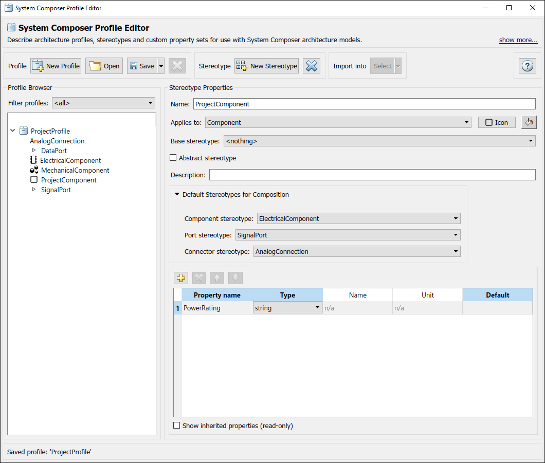 For the 'Project Component' stereotype the 'Default stereotypes for composition' are defined for a component, port, and connector.