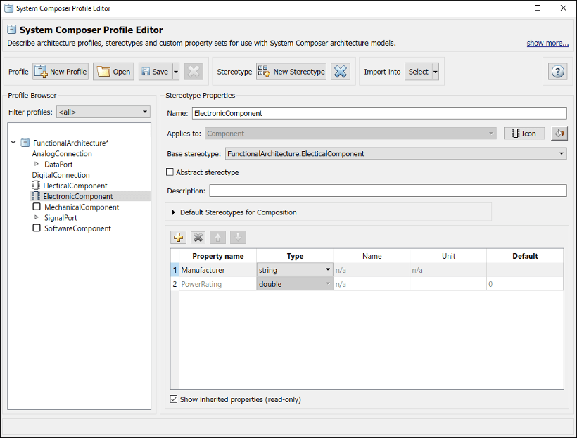 Adding a base stereotype in the profile editor to make the stereotype inherit properties from it.