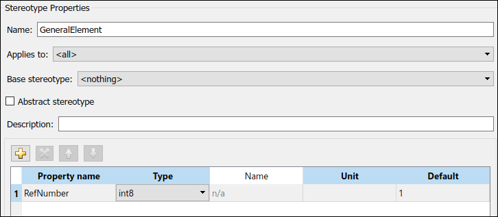 Stereotype properties section for stereotype named 'General Element' and property name 'Ref Number' of type int8 with a default value of 1.