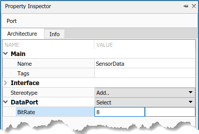 Setting properties for a 'Data Port' stereotype assigned to the 'Sensor Data' port.