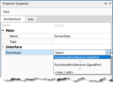 Selecting a stereotype from the property inspector for the 'Sensor Data' port.