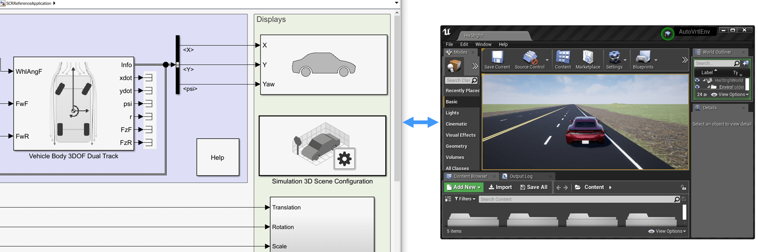 A Simulink model and an Unreal Editor window with a bidirectional arrow pointing between them.