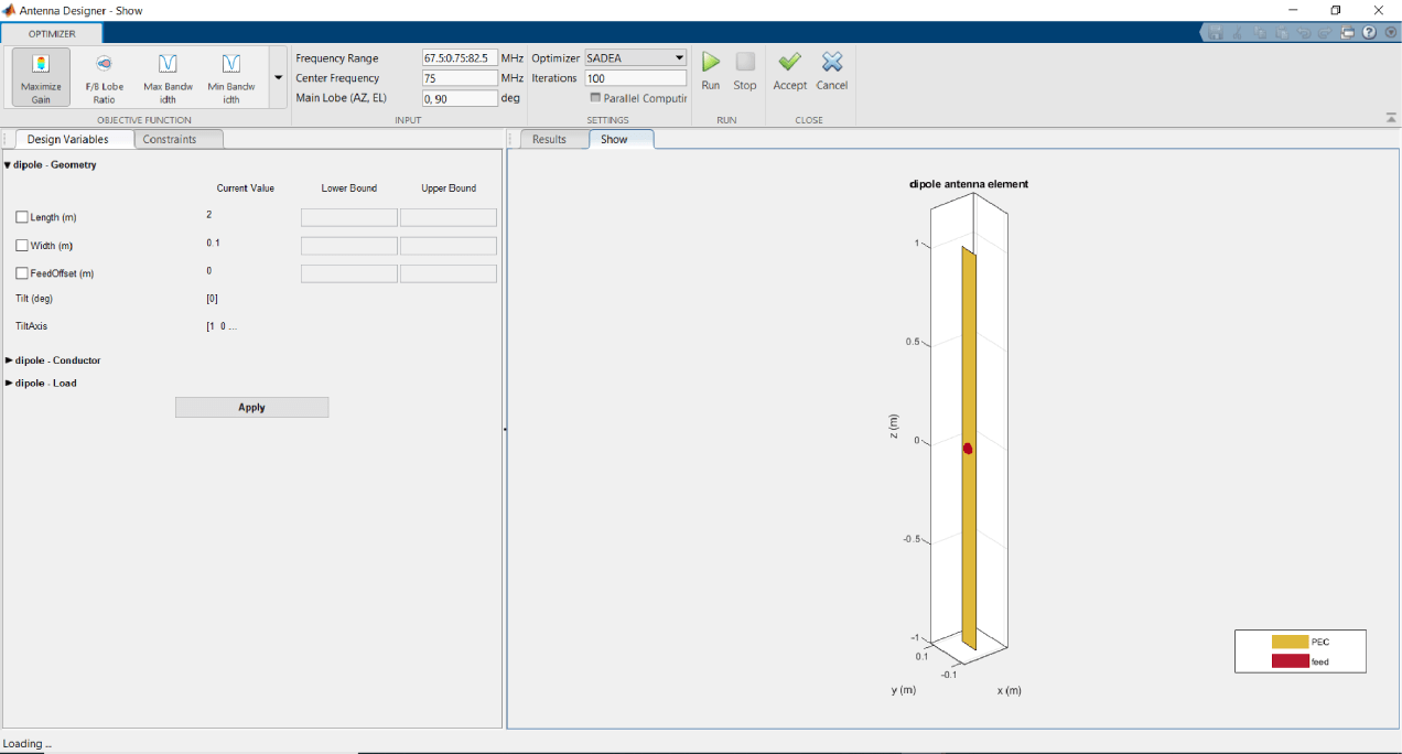 Antenna designer canvas showing the antenna properties pane on the left side of the canvas, the antenna on the right side of the canvas, and the analysis tools in the toolbar at the top of the canvas.