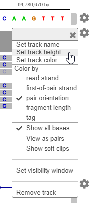 Image of the context menu. It has various options to change the appearance of the track, such as track color, track name, and track height.