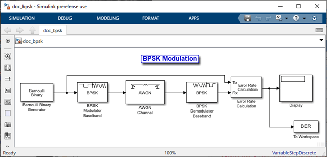 Simulink model of BPSK modulation simulation.