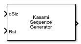 Kasami Sequence Generator block showing optional input ports for output size and reset