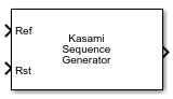 Kasami Sequence Generator block showing optional input ports for reference signal and reset