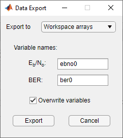 Data Export dialog box with Export to Workspace arrays selected.