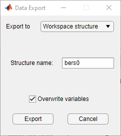Data Export dialog box with Export to Workspace structure selected.