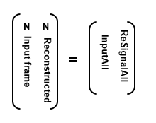 Two matrices on both sides of an equal sign. On the left of the equal sign, the first frame is N followed by input signal. The second frame is N followed by reconstructed signal. On the right of the equal sign, the first frame is 'InputAll' signal and the second frame is 'ReSignalAll'.