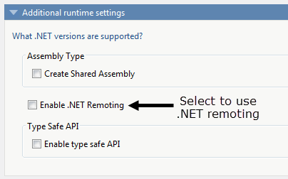 Additional runtime settings section with the Enable .NET Remoting box marked