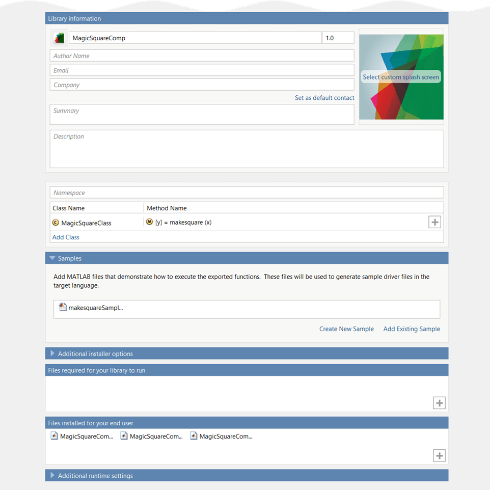 Fields in the Library Compiler app for customizing your application