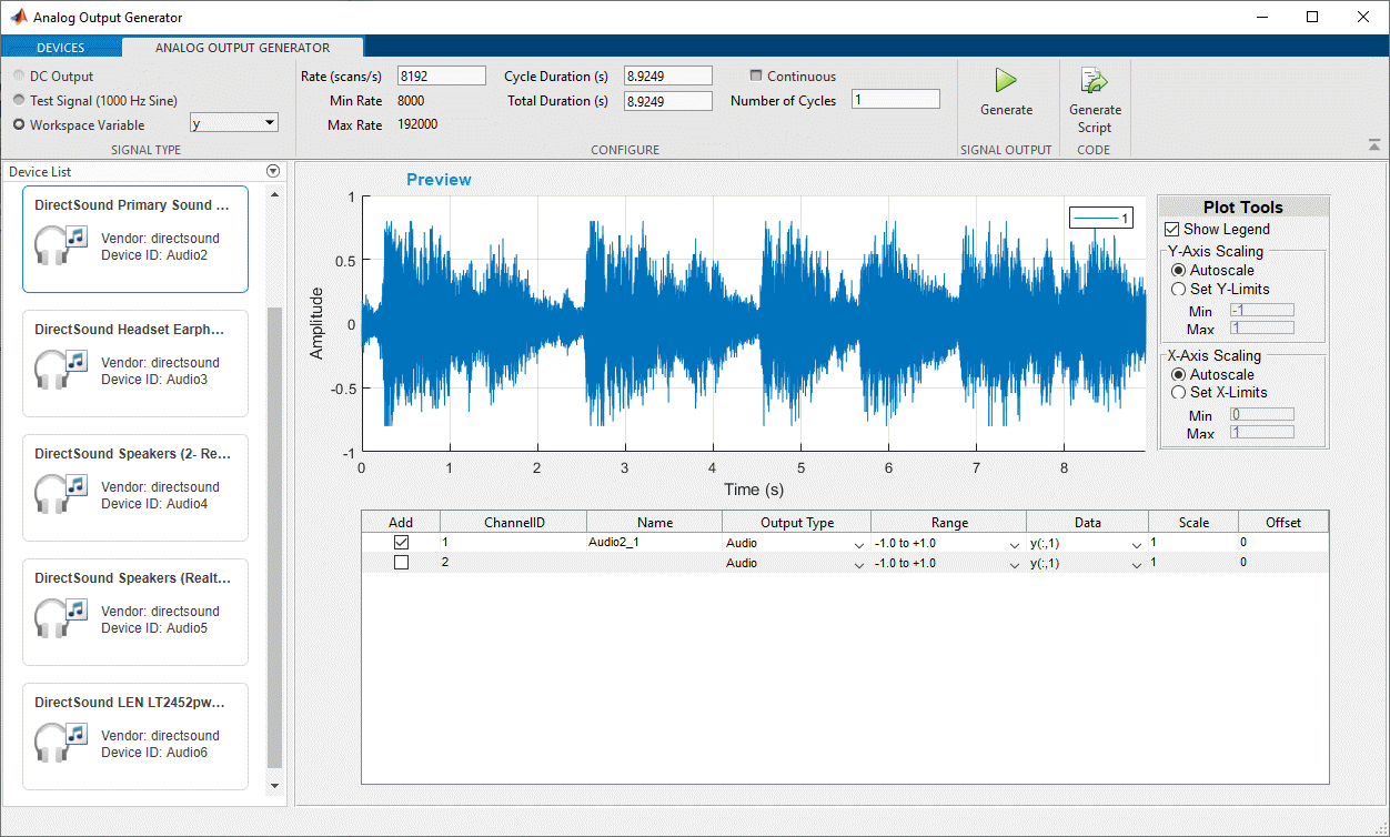 Analog Output Generator app configured to output audio
