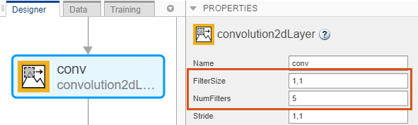 Convolution 2-D layer selected in Deep Network Designer. FilterSize is set to 1,1 and NumFilters is set to 5.