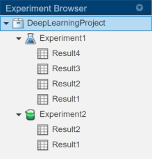 Experiment Browser showing two experiments. Experiment1 is a built-in training experiment with four results. Experiment2 is a custom training experiment with two results.