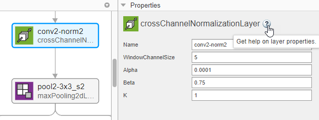 Cross channel normalization layer selected in Deep Network Designer. The PROPERTIES pane shows the properties of the layer.