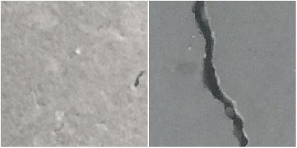 Images of concrete without and with cracks.