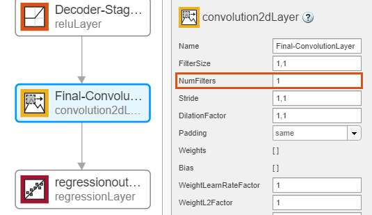 Convolutional 2-D layer selected in Deep Network Designer. The Properties pane shows NumFilters set to 1.