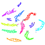 Example visualization of t-SNE technique showing a graph with 12 clusters of points in 10 different colors.