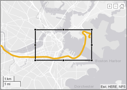 Part of a driving route surrounded by a selection rectangle. The rest of the route is outside the rectangle.