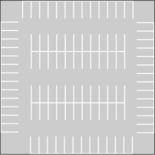 Vertical parking lot layout with parking grids on horizontal edges