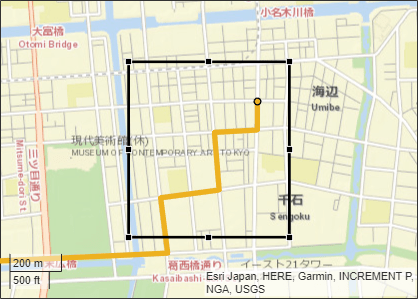 Part of a driving route surrounded by a selection rectangle. The rest of the route is outside the rectangle.