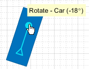 An actor with the pointer over the actor rotation widget. A tooltip of "Rotate - Car - Negative 18 degrees" is displayed above the pointer.