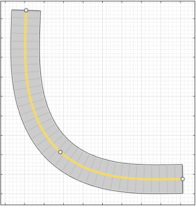 A curved road with a double-solid line indicating a divided highway.