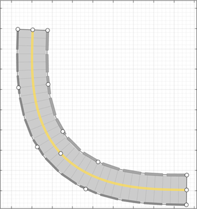 A curved road with jersey barrier along its right edge and a guardrail along its left edge
