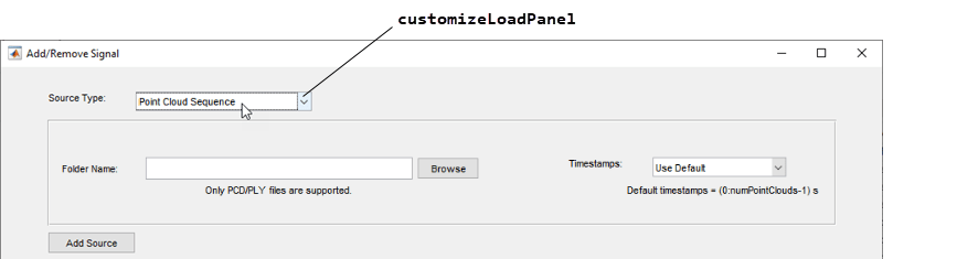 Add/Remove Signal dialog box with the customizeLoadPanel method name pointing to the "Point Cloud Sequence" selection in the Source Type parameter