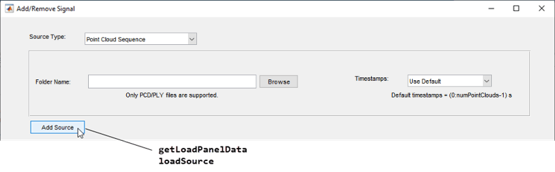Add/Remove Signal dialog box with the getLoadPanelData and loadSource method names pointing to the "Add Source" button