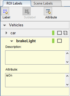 ROI Labels tab with an isOn attribute under the brakeLight label