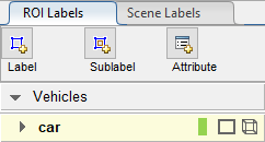 ROI Labels tab with a Vehicles group that contains a car label