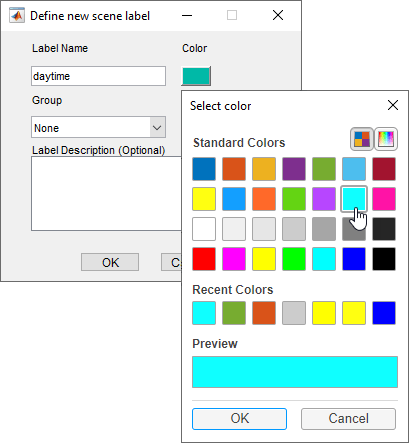 Define new scene label window configured to display the daytime label in light blue