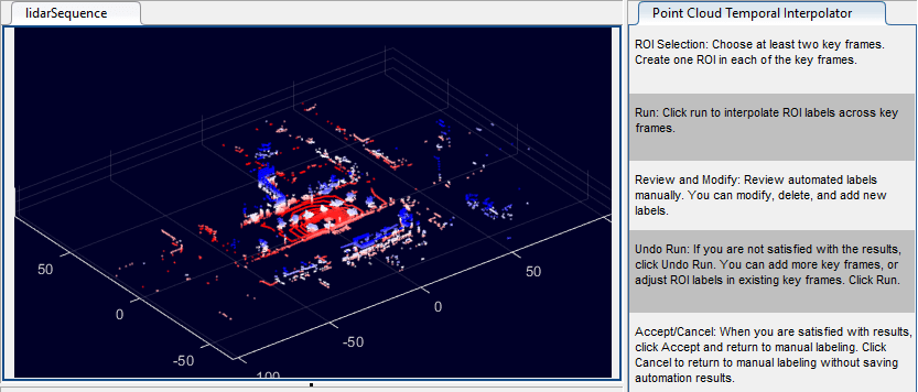 Point Cloud Temporal Interpolator automation session. The point cloud sequence is on the left and the automation instructions are on the right.