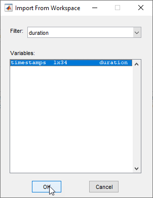 Import from Workspace dialog box configured to import a 1-by-34 timestamps duration vector