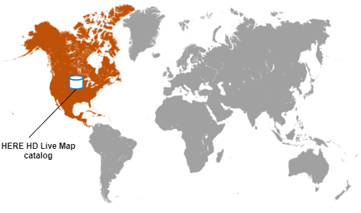 A map of the world with only North America highlighted. A HERE HD Live Map catalog is overlaid on top of the North America region.
