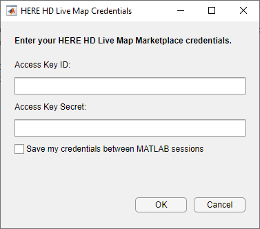 The HERE HD Live Map Credentials dialog box