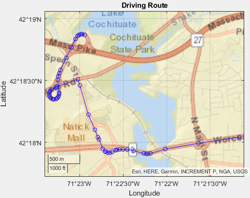 A driving route on a map