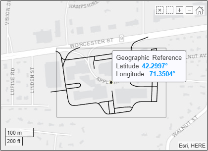 A map displaying the road network for the MathWorks Apple Hill campus. The geographic reference point has a latitude of 42.2997 degrees and a longitude of negative 71.3504 degrees.