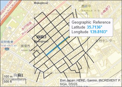 The same street map with selected roads in blue