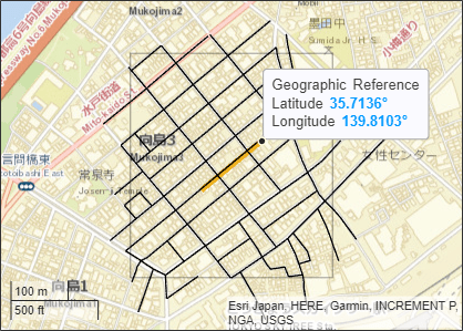 The same street map with plotted coordinates in orange and selectable roads in black