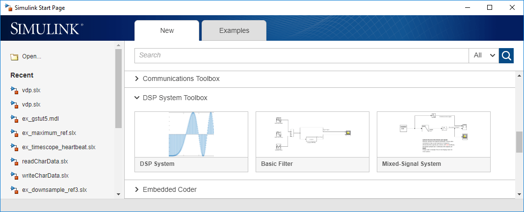 Snapshot of the three Simulink model templates in the Simulink Start page, under DSP System Toolbox. First comes DSP System template, followed by the Basic File template and the Mixed-Signal System template.