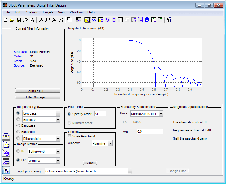 Snapshot of the Digital Filter Design interface.