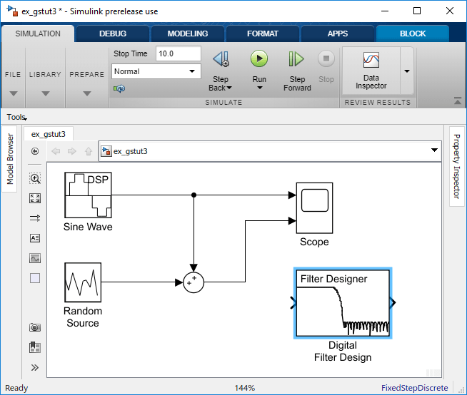 Snap shot of the model block diagram. A Digital Filter Design block has been added to ex_gstut3. The block is not yet connected.