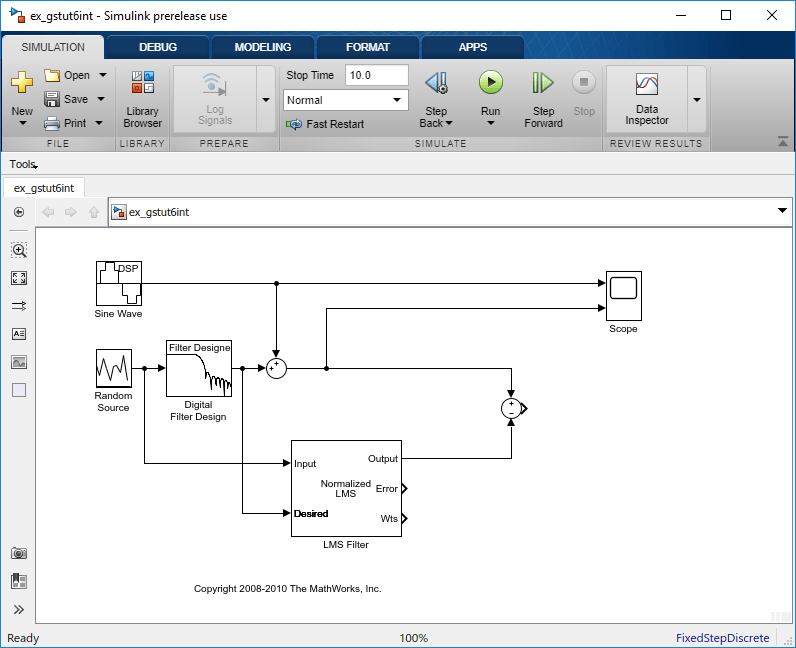 Snapshot of ex_gstut6 model with the LMS Filter block connected. Error and Wts output ports of the LMS Filter block are not connected.