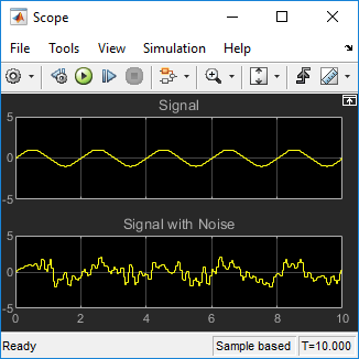 Output of the Scope window window showing two signals. The signal on top is the original signal. The signal at the bottom is the noisy signal.